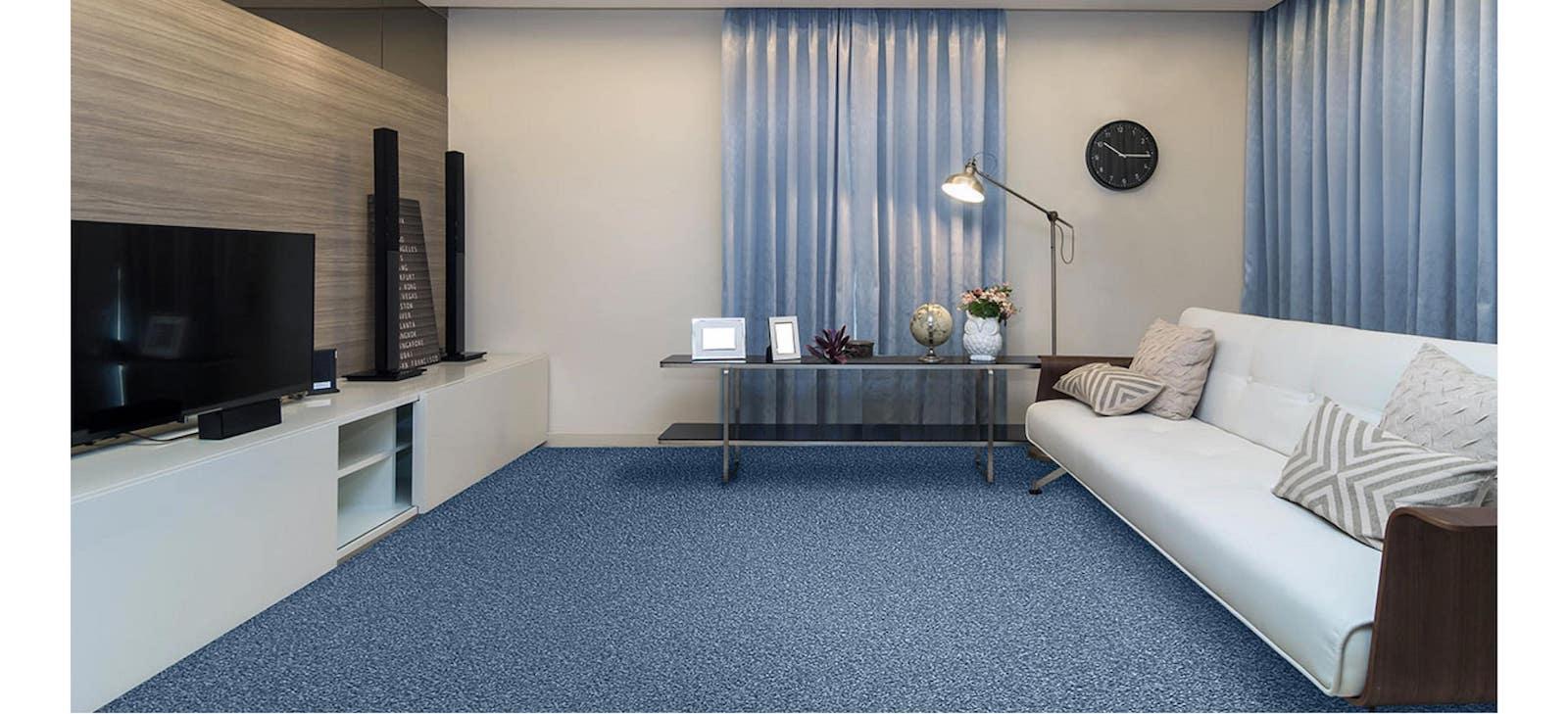 Living room set with blue carpet