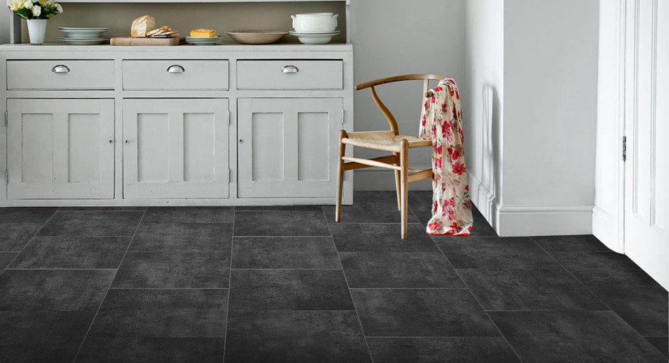 Dark, large tile effect sheet vinyl flooring roomset