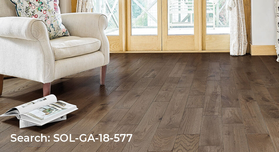 Darker, solid wood Galleria floor, living room roomset